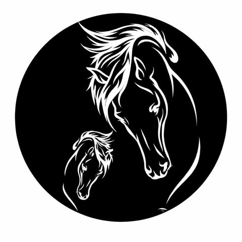 White line illustration of an adult horse and foal on black circular background