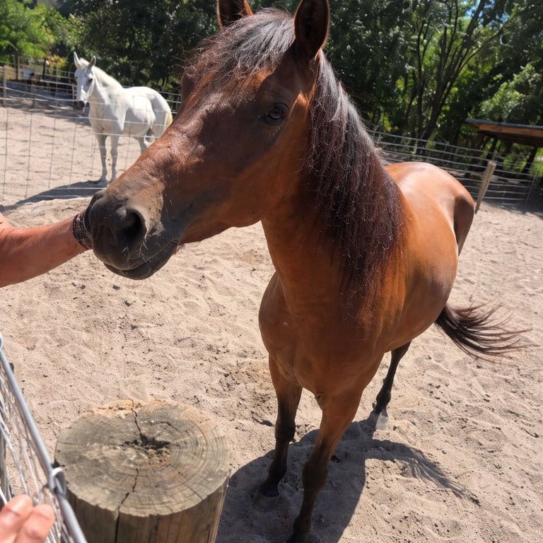 Brown horse with dark mane being hand-fed at a ranch, with white horse and fenced pasture visible in background