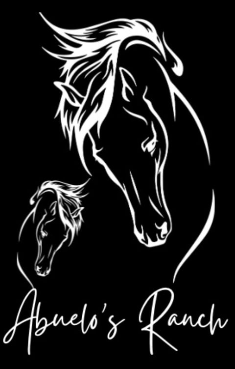 White line art illustration of a horse and foal on black background with Abuelas Ranch text below