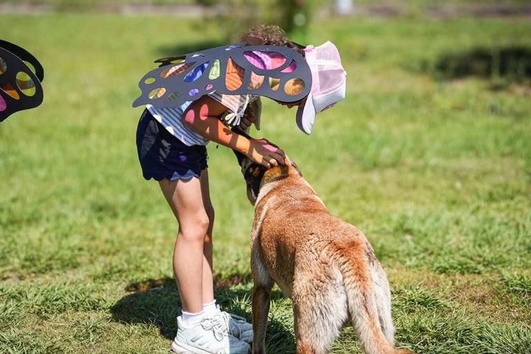 Child wearing colorful kite harness playing with brown dog in grassy outdoor field