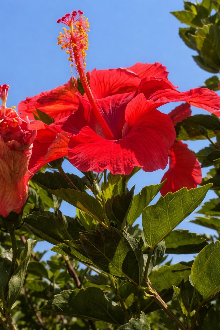 Bright red hibiscus flower with large petals and stamen, surrounded by green leaves against clear blue sky